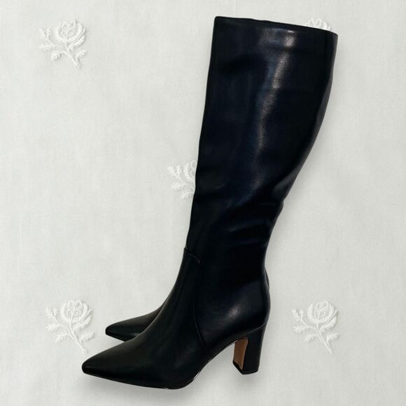 NEW 90s Style Black Faux Leather Smooth Pointy Knee High Heel Boots US 9.5 - Picture 1 of 8